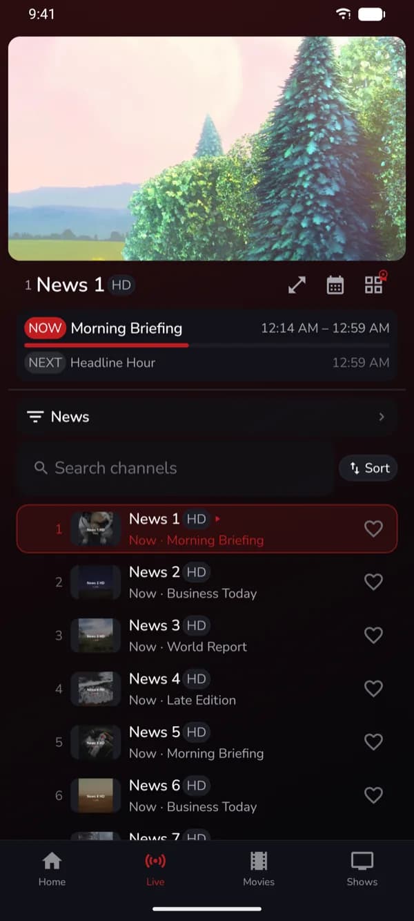 Live channels — demo app screen