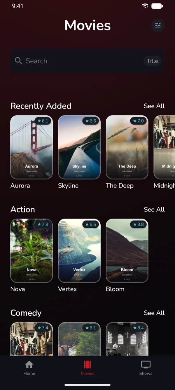 Movies by category — demo app screen
