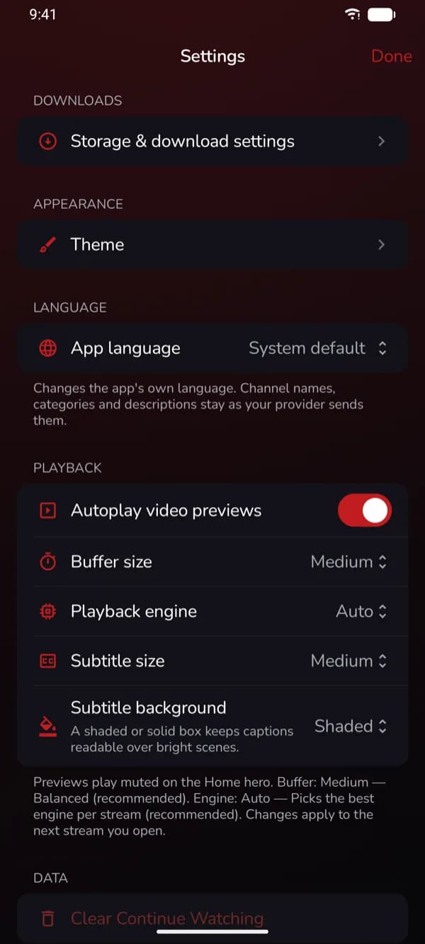 Settings — demo app screen