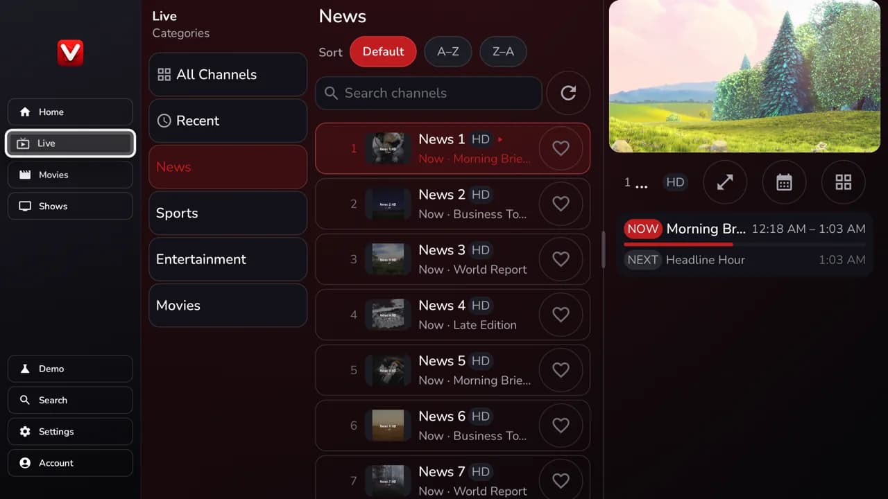 Live channels — demo app screen