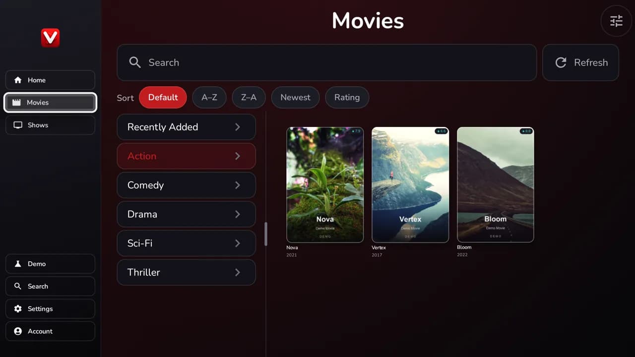 Movies by category — demo app screen