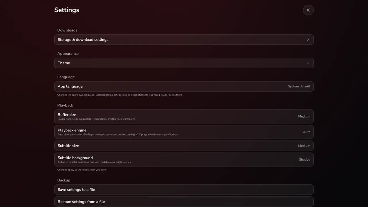 Settings — demo app screen