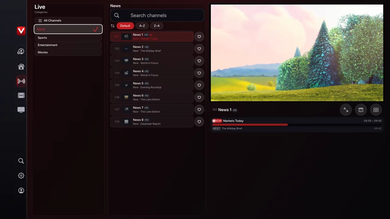 Live channels — demo app screen