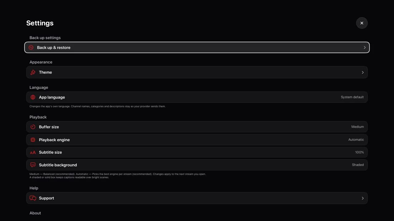 Settings — demo app screen