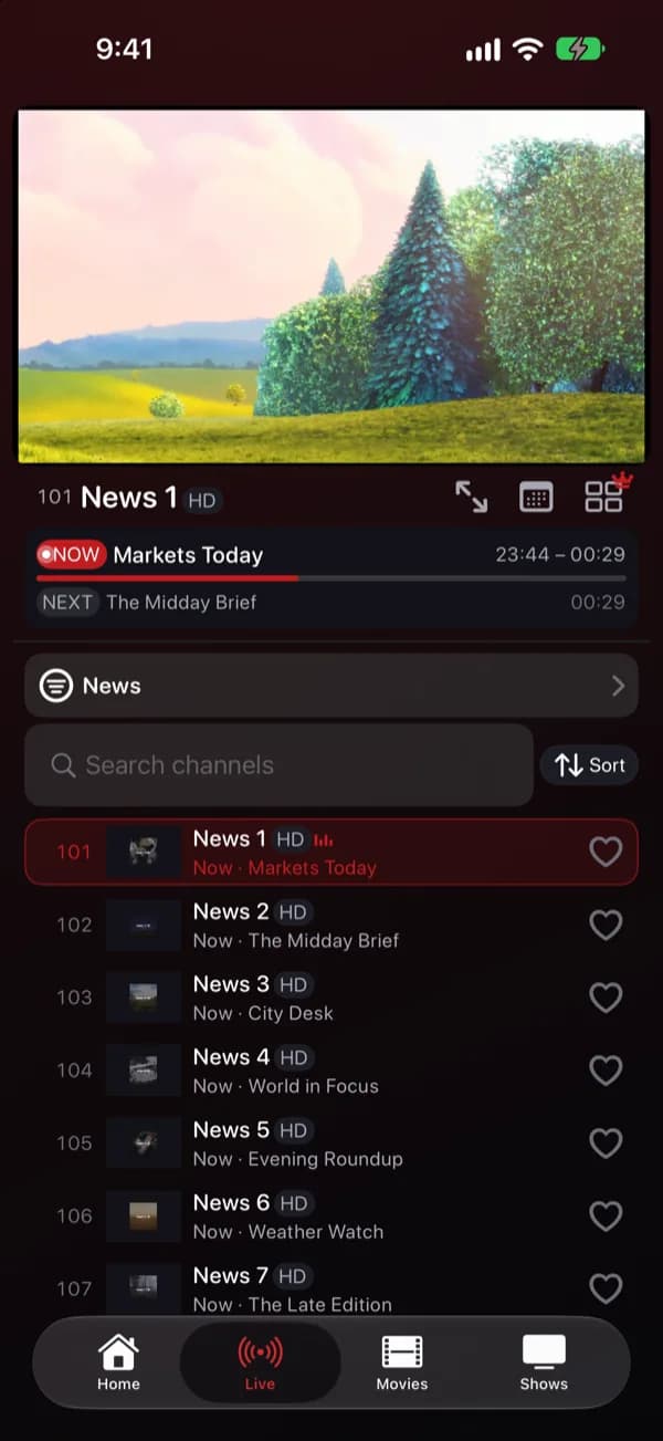 Live channels — demo app screen