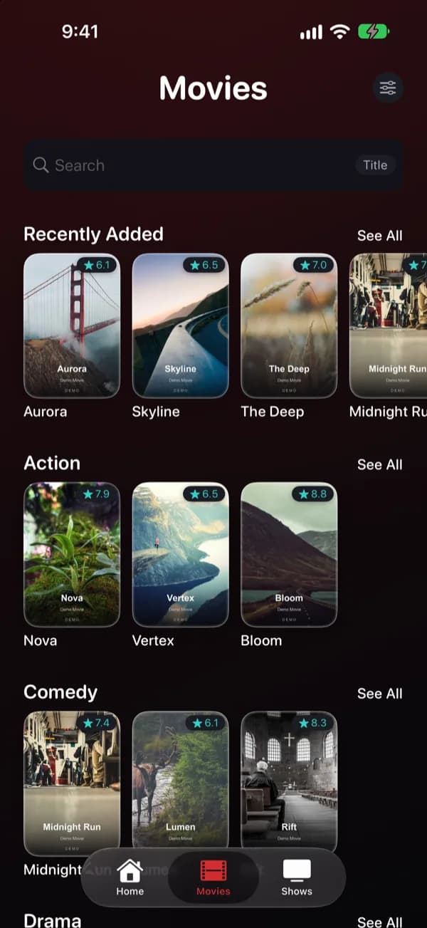 Movies by category — demo app screen