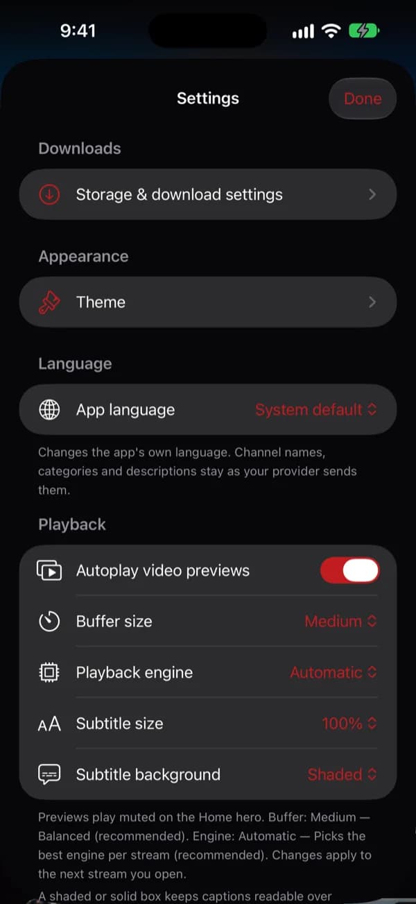 Settings — demo app screen