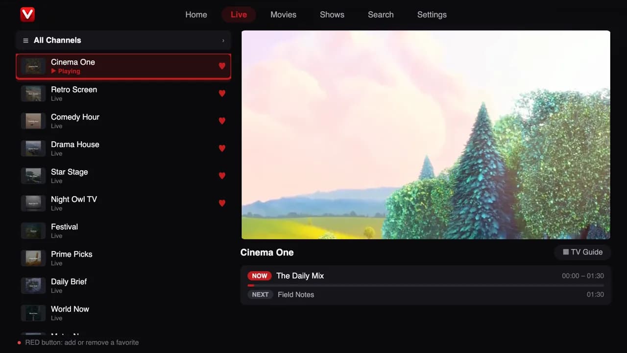 Live channels — demo app screen