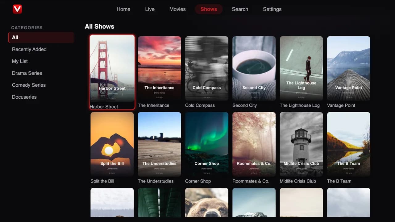 Shows — demo app screen