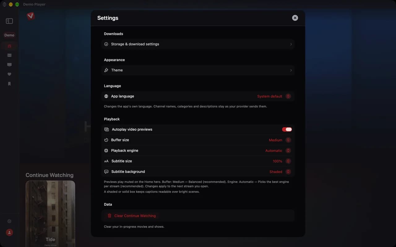 Settings — demo app screen