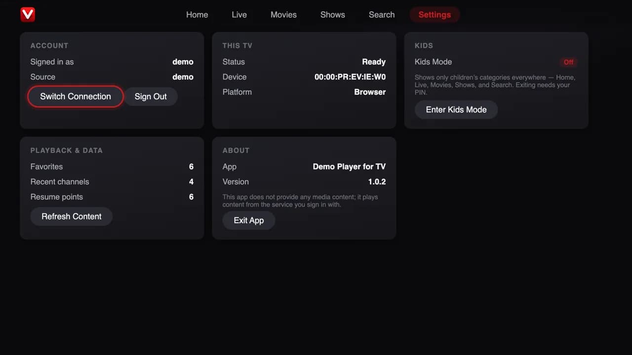 Settings — demo app screen