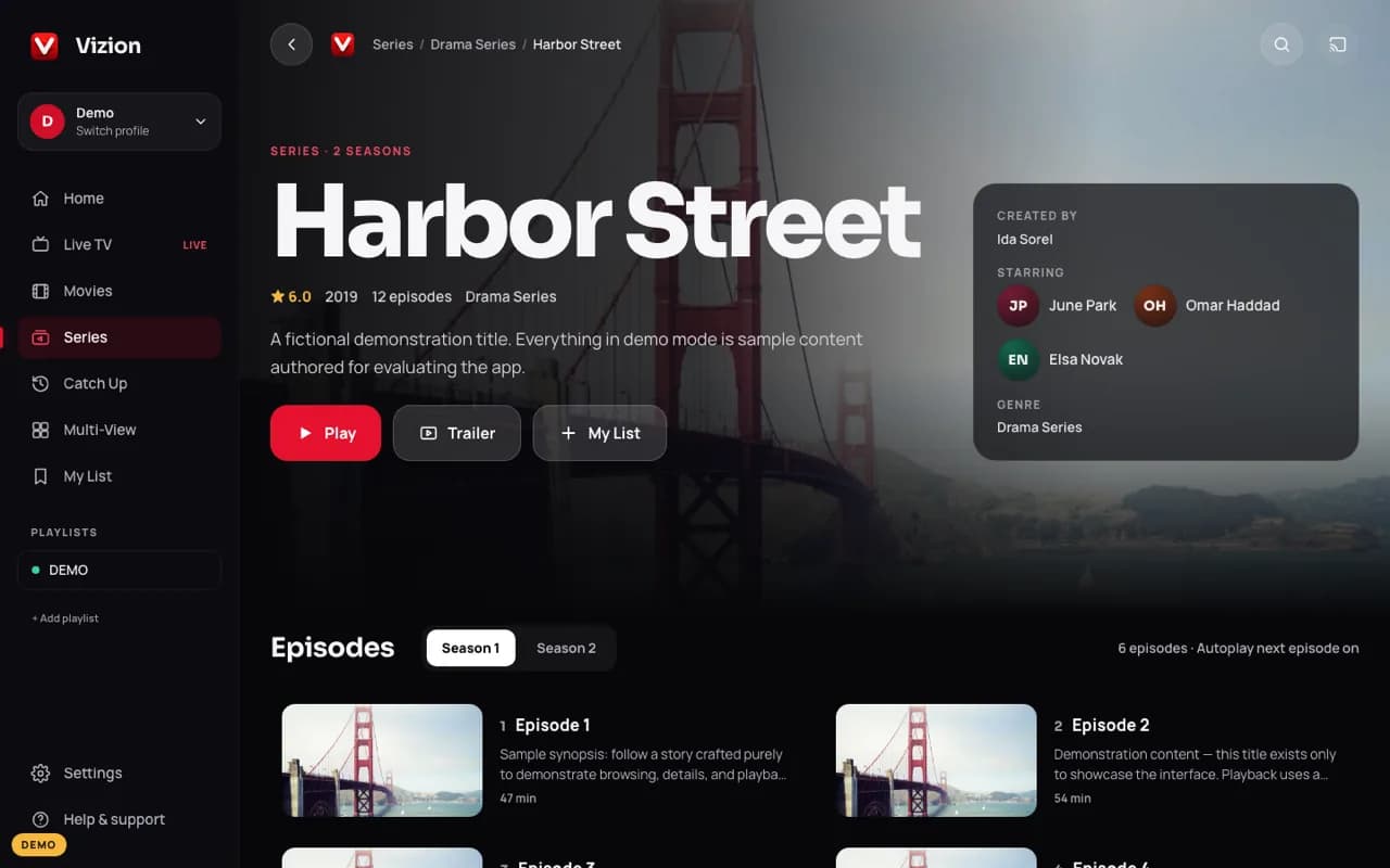 Title details & episodes — demo app screen