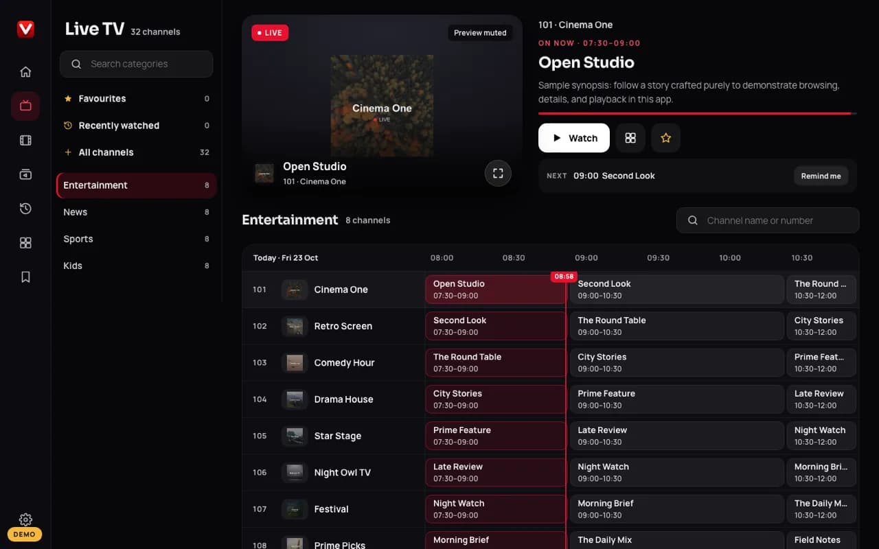 TV guide — demo app screen