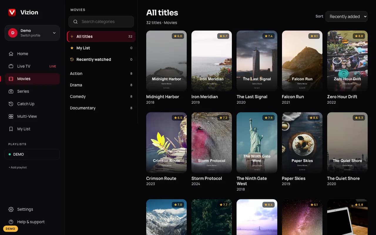 Movies by category — demo app screen